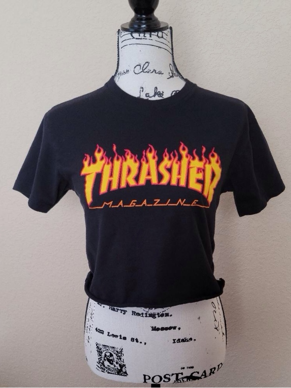 Thrasher Black Tee with Red and Yellow Flame Logo